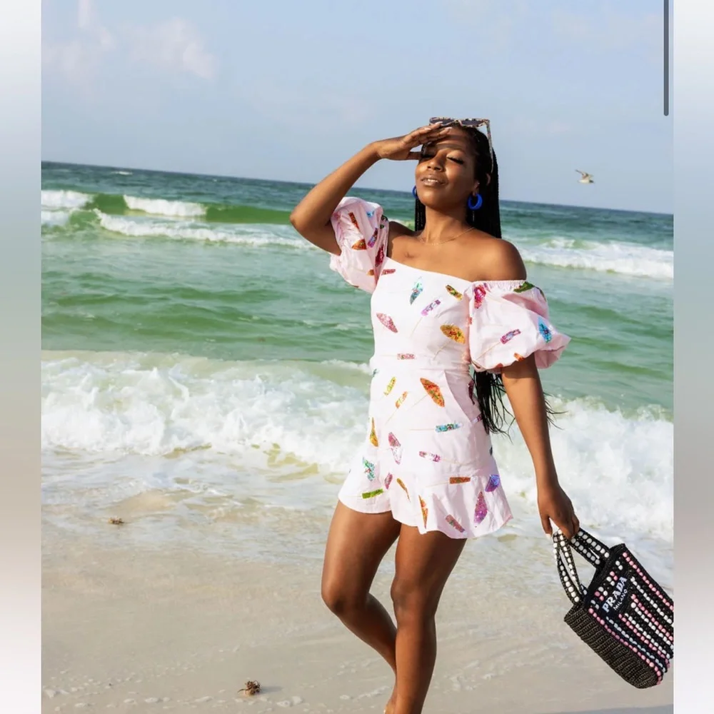 🗿NWOT Queen of Sparkles Tiki Umbrella kitsch Sleeve Dress light pink Beach QOS 🌺 - Picture 4 of 7